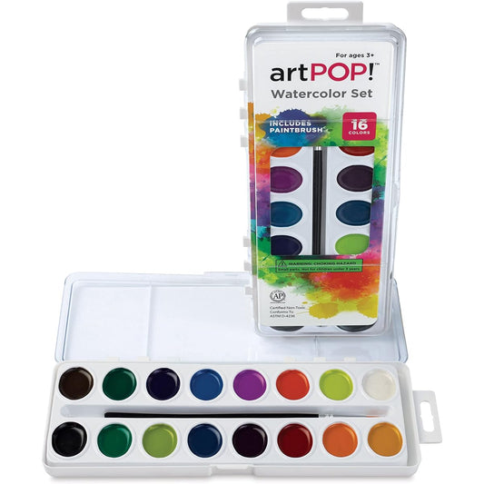 Set of 16 vibrant colors with paintbrushes, washable, non-toxic formula, white case, built-in mixing well