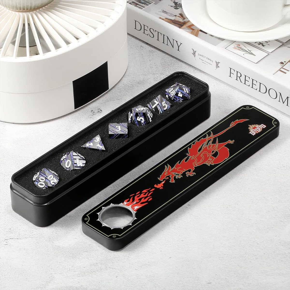DNDND Dice Set D&D Metallic Striped Dice with Gift Case for Dungeons and Dragons DND (Nickel Plated Blue Stripes)