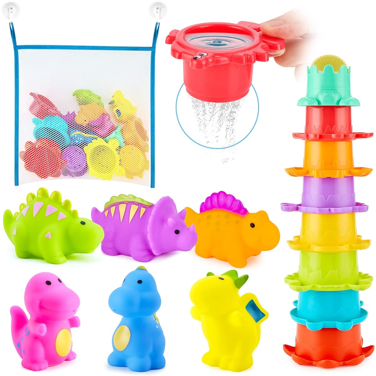 INNOCHEER Baby Bath Toy Dinosaur Toddler Bath Toy with Storage Net Bathtub Toy for Toddlers Infants 1-3 Years Old 3-4 Years Old with Stacking Cups