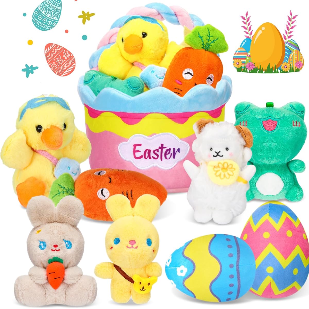 Glimin 9pcs Easter Plush Basket, First Easter Basket, Plush Playset, Easter Basket Stuffed Animals, Easter Party Favors, Plush Toys, Easter Basket, Easter Theme Party Favors, Gifts for Baby Kids