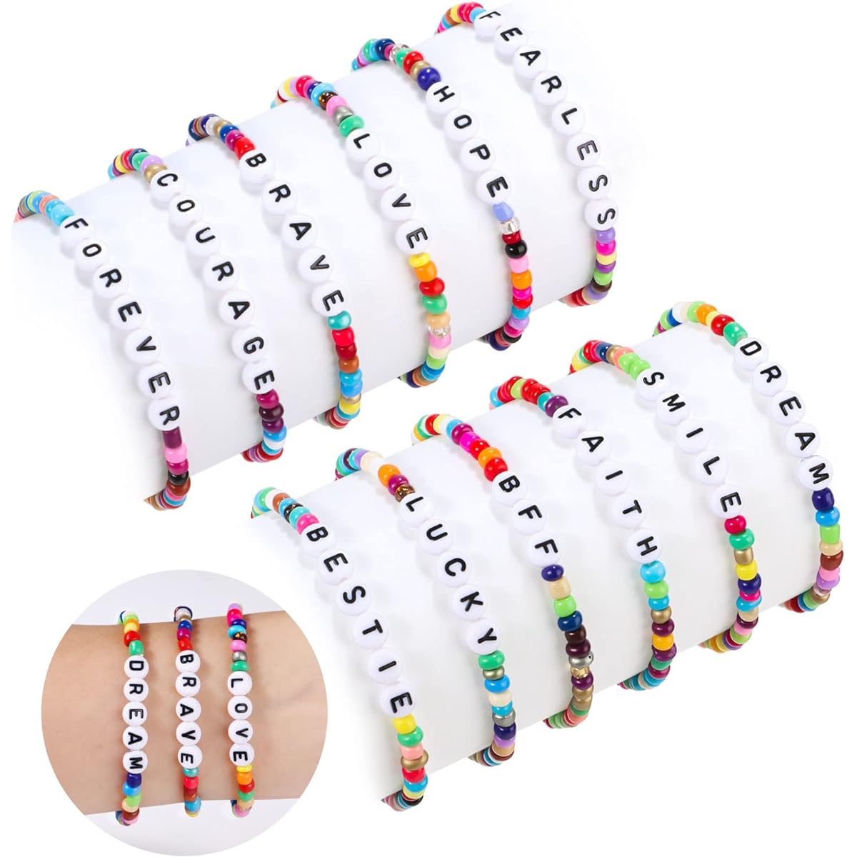 Lorfancy 12pcs Kids Bracelets Girls Letter Beads Bracelets for Toddlers Babies Friendship Cute Adjustable Multicolor Woven Pretend Play Bracelets Jewelry