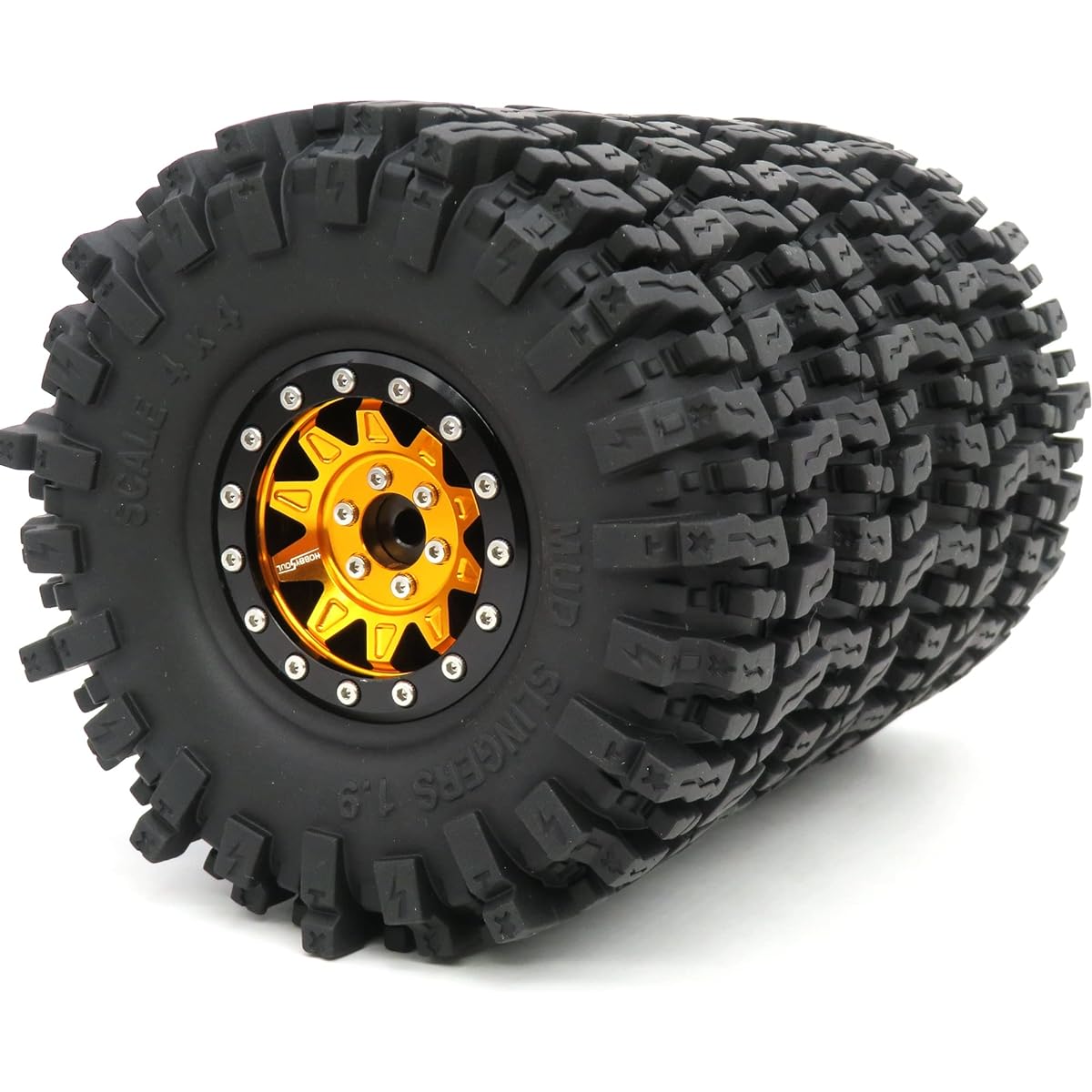 HOBBYSOUL 1.9 Mud Slinger Tires 120mm Mounted on 1.9 Beadlock Wheels Gold Black Soft 1.9 Crawler Tires for 1.9 Wheels (1.9 Wheel Weights with Heavy Duty Metal Middle Beadlock Rings) (Pack of 4)