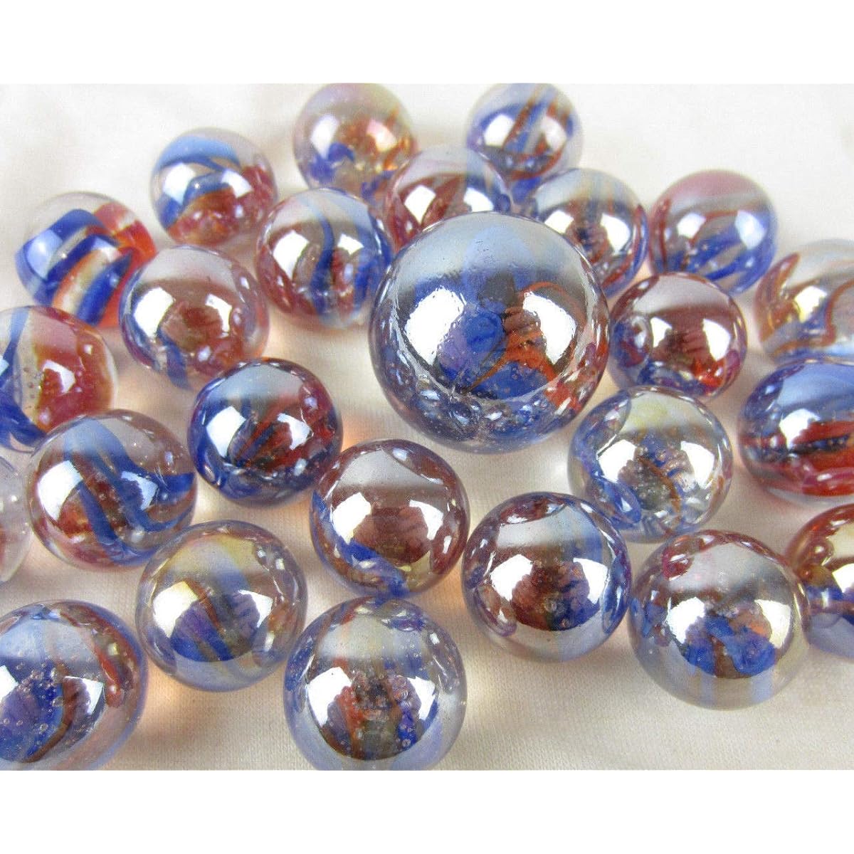 Big Game Toys~ 25 Glass Marbles Carnival Iridescent Clear/Blue/Red Swirl Classic Style Game Pack (24 Player, 1 Shooter) Decor/Vase Filler/Aquarium