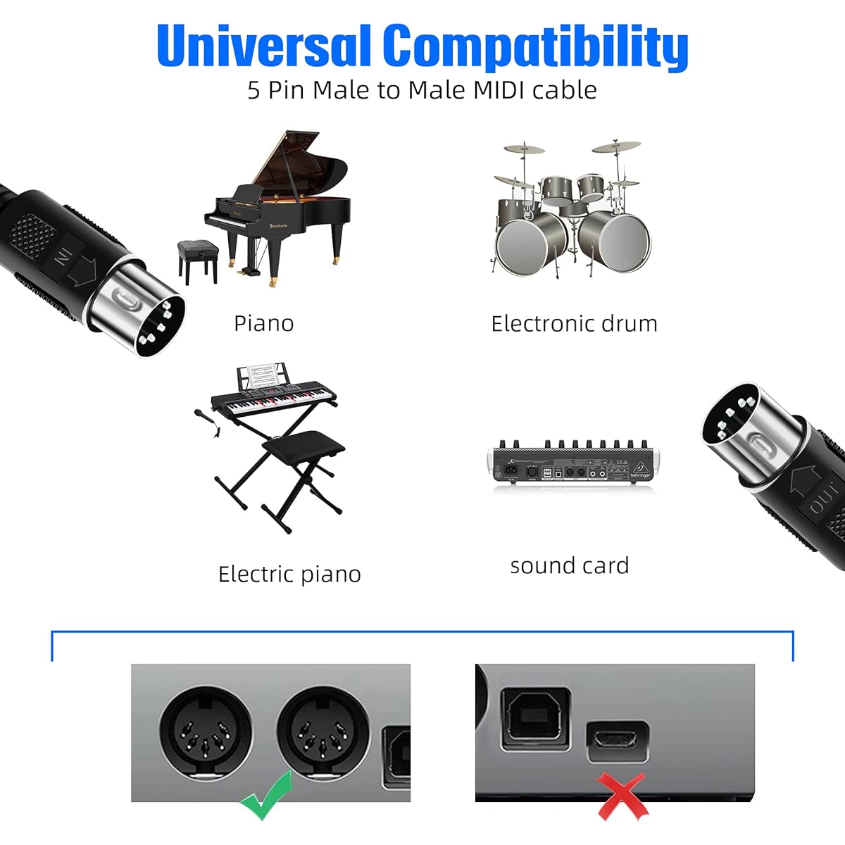 BXIZXD MIDI Cable 5 Pin Male to Male MIDI Cable for Keyboard Scent External Sound Card MIDI Keyboard Rack Scent Sampler Sound Source and Other Music Gear Black (5m/16.5ft)