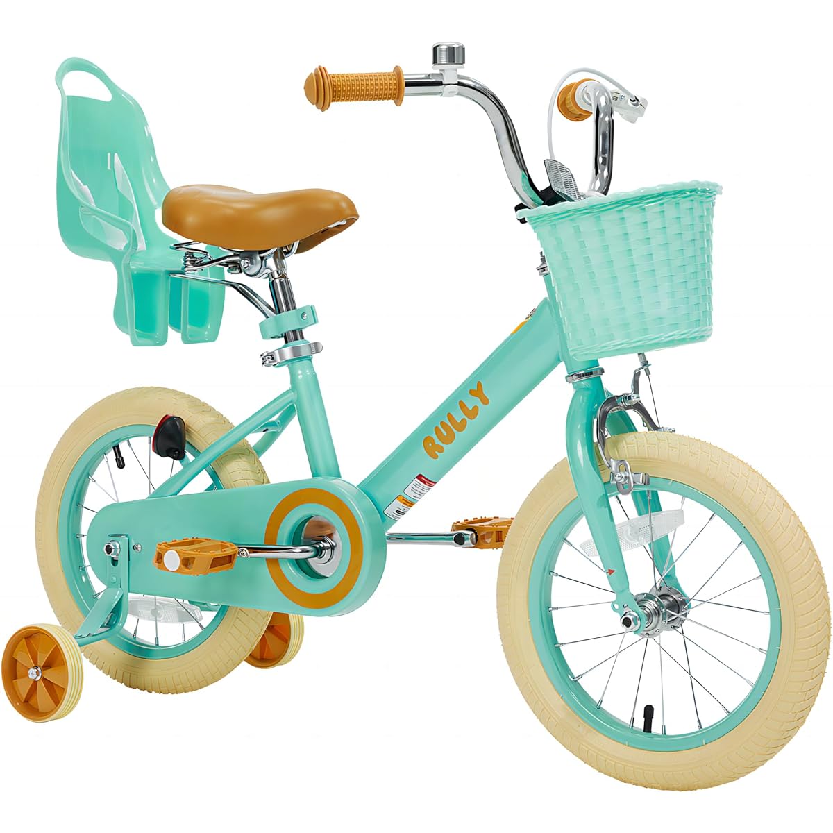 RULLY Retro 12" Kids Bike with Basket, Doll Seat and Training Wheels for 2, 3 and 4 Year Old Girls & Boys, Mint Green