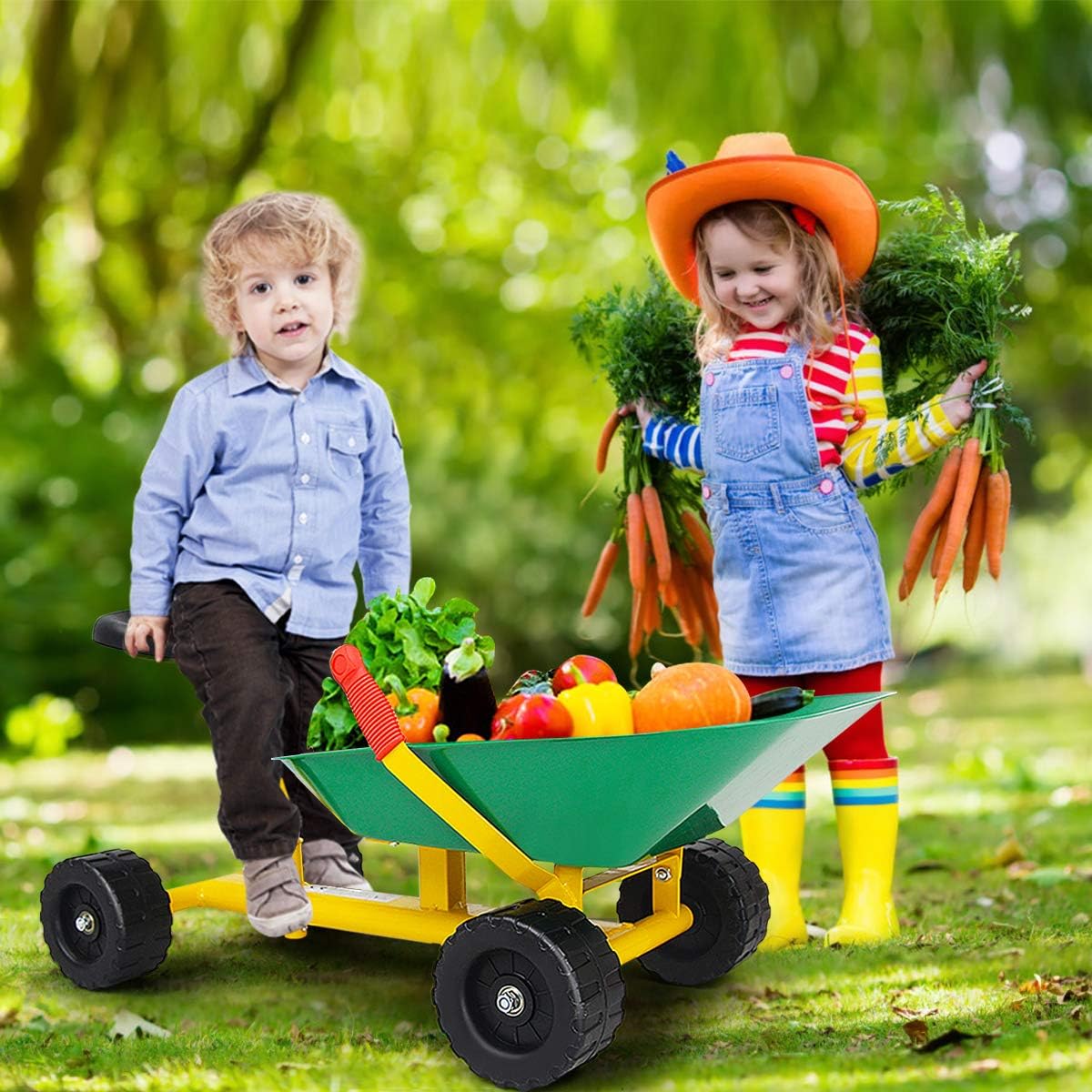 (Honey Joy) HONEY JOY Ride-on Sand Dumper Children's Outdoor Garden Dump Cart Wheelbarrow with 8 Inch Wheels Heavy Duty Steel Sitable Tow Wagon Play Toy Boys Girls