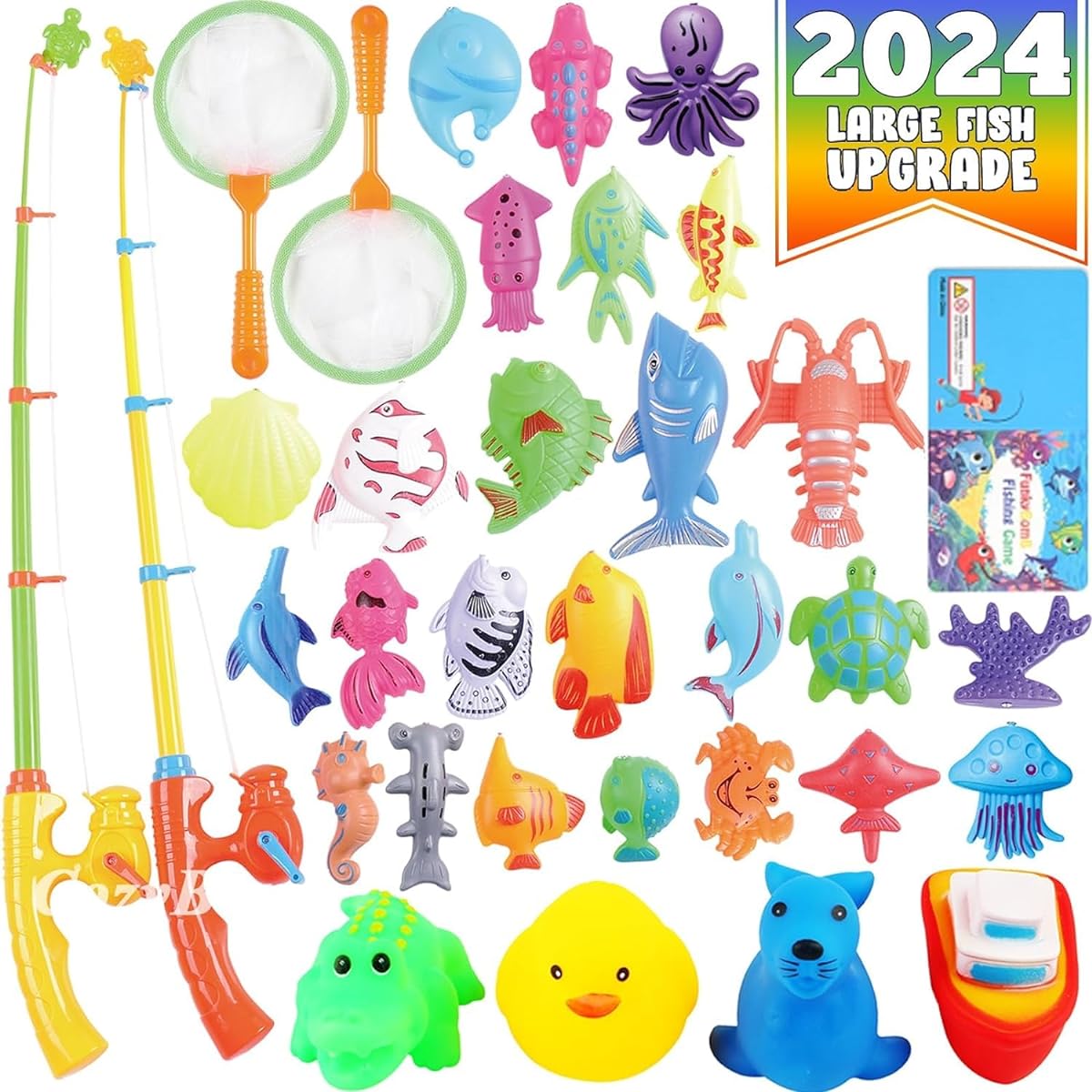 CozyBomB Magnetic Fishing Game for Kids - Bath Pool Toy Set Water Table Learning Education Fish Bathtub Fun 4 Sounds Rubber Animals and Boat, Pole Rod Net Fish for Kids (Green)