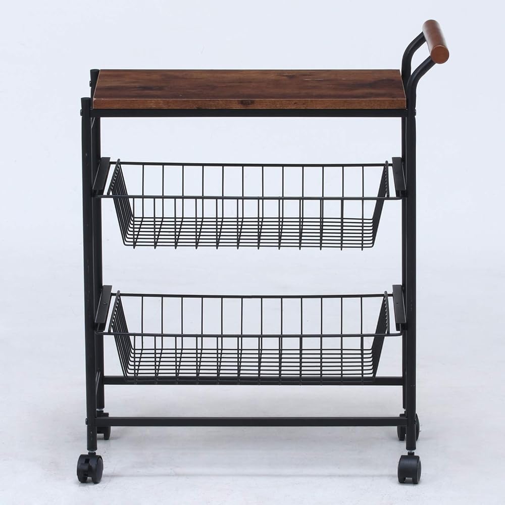 Fuji Boeki Kitchen Wagon Kitchen Rack Width 32 x Depth 56.5 x Height 70 cm Brown Black Vintage Style with Casters Storage Basket Navy 14662