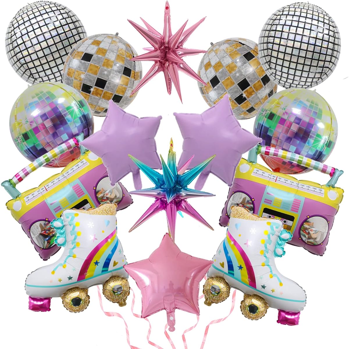 Finypa 15pcs Rainbow Roller Skate Boom Box Balloons, Gold Explosion Star Aluminum Foil Balloons, 4D Laser Disco Foil Balloons, 80s 90s Retro Theme Hip Hop Disco Fever Birthday Party Balloons Decorations