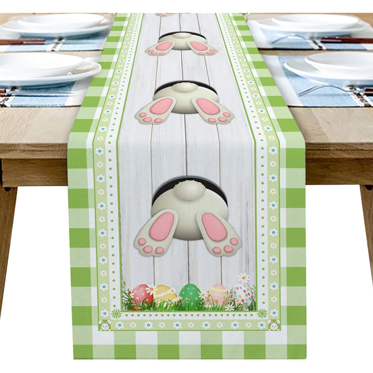 Edwiinsa Bunny Tail and Spring Easter Egg Grassland Table Runner Cotton Linen 108" Long Green Check Wooden Board Rectangle Placemats for Kitchen Coffee Dining Bedroom Living Room Scarf Decor