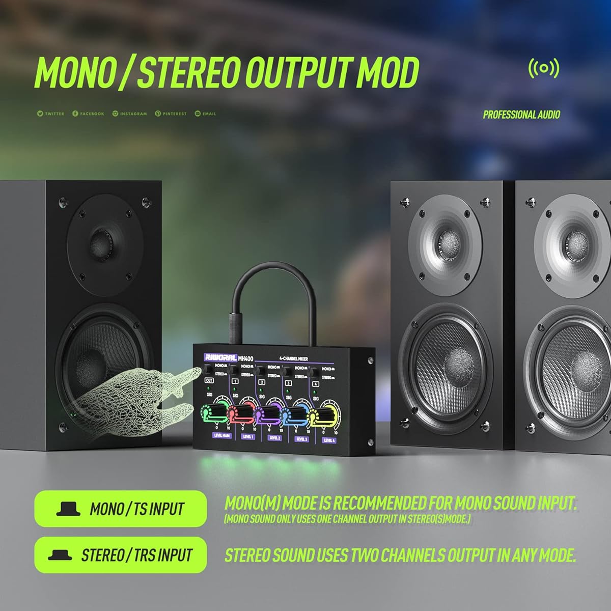 Riworal Mini Audio Mixer Ultra Low Noise 4 Channel Mixer Audio Mono and Stereo Line Mixer for Stage Small Club Bar MH400