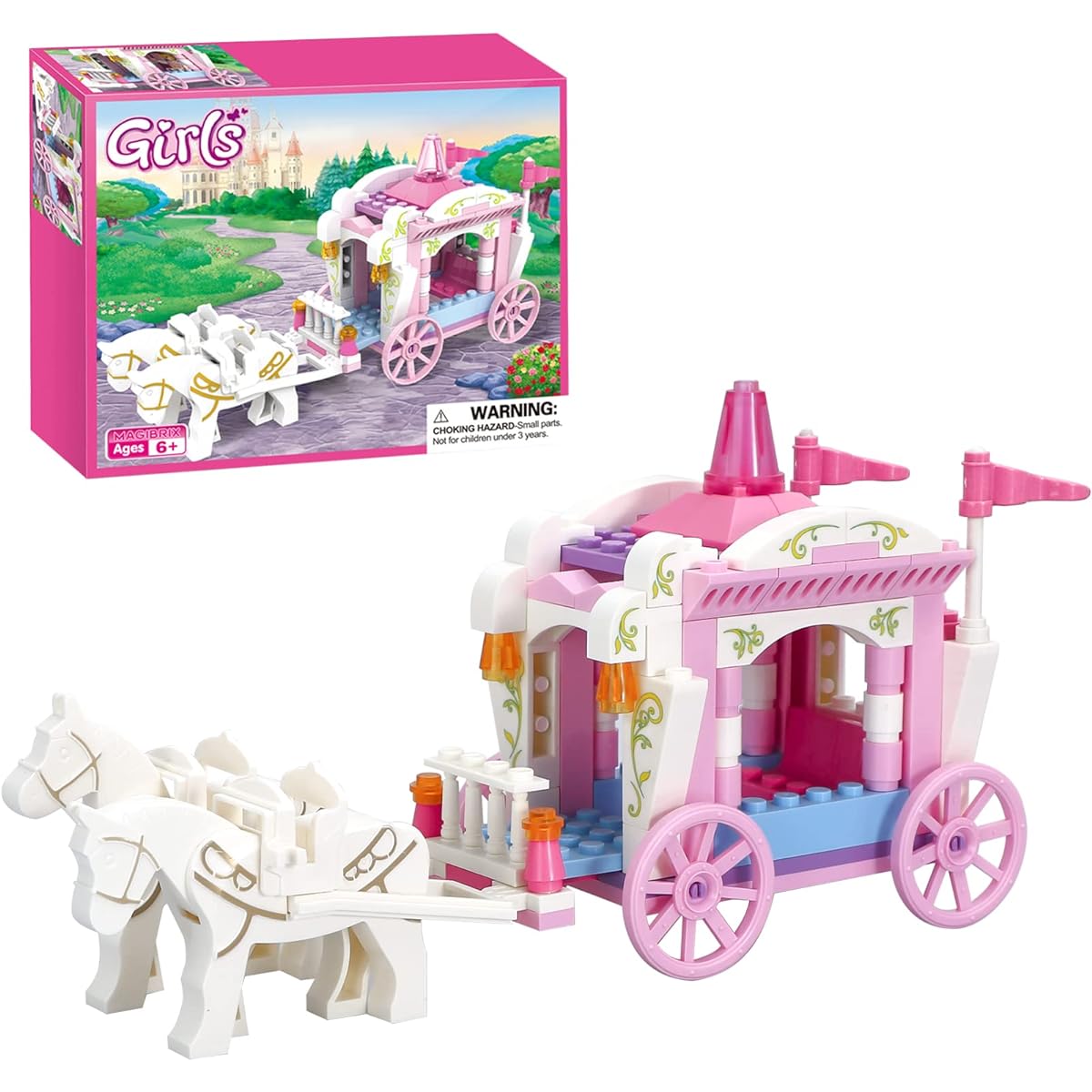 BRICK STORY Princess Carriage Building Set for Girls, Pink Royal Carriage Ride, Princess Building Blocks, Creative Fairy Building Toy, Ages 6-12+, 98 Pieces