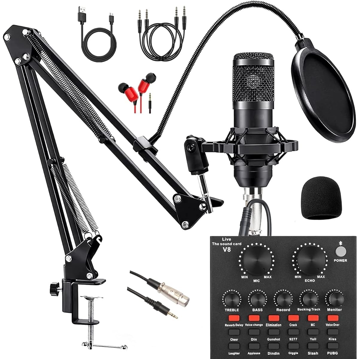 SKTEET Podcast Equipment Set with BM800 Podcast Microphone and V8 Sound Card Voice Changer - Audio Interface - Perfect for Recording, Singing, Streaming and Gaming (V8-Black)