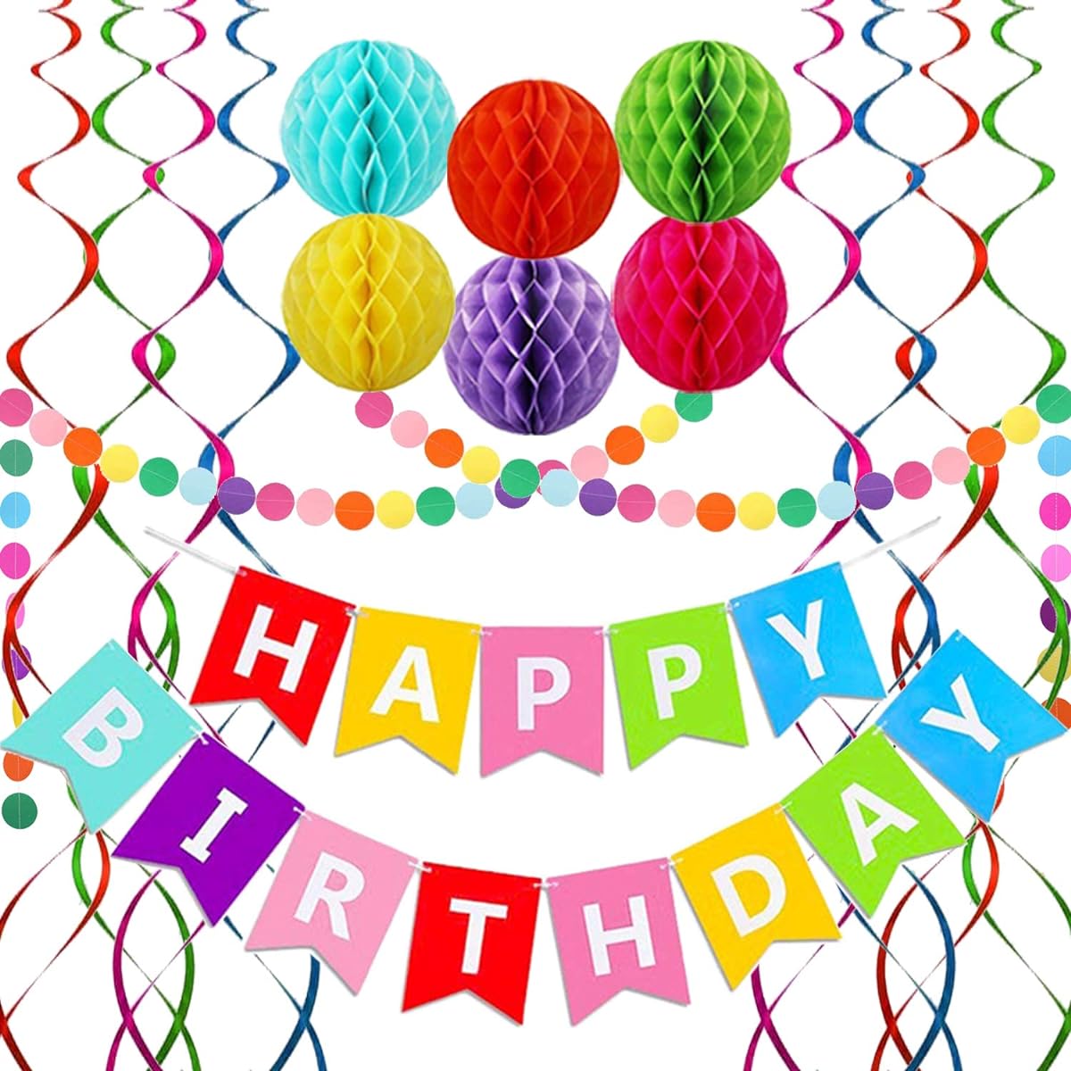 Happy Birthday Banner Rainbow Birthday Banner with 6 Honeycomb Balls 8 Metallic Hanging Swirls Circle Pearl Garland Happy Birthday Decorations