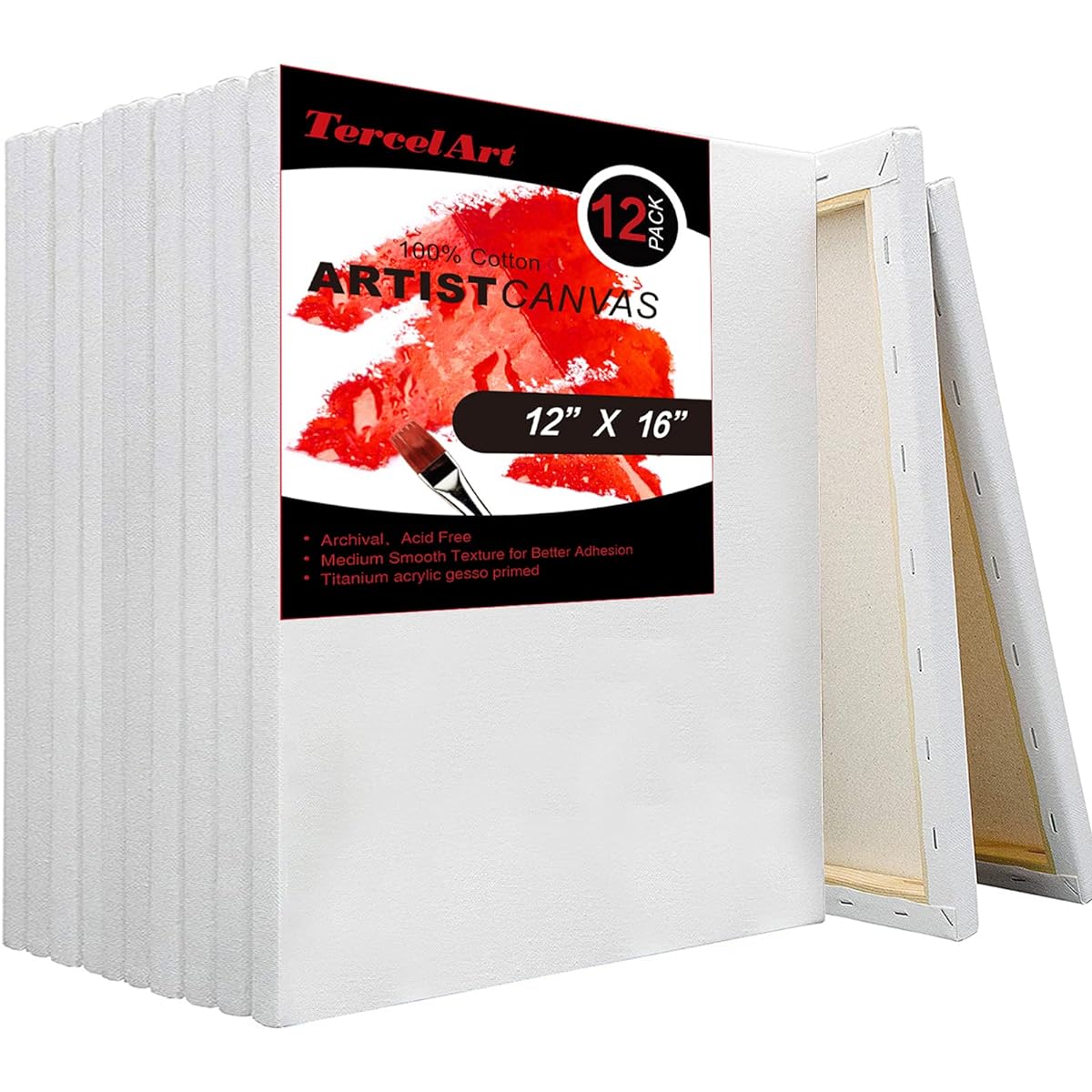 TercelArt 12" x 16" Stretched White Blank Canvas (Pack of 12) Pre-primed 100% Cotton Painting Acrylic Pouring Oil Painting Wet Art Media Canvas for Professional Artists, Hobby Painters & Beginners