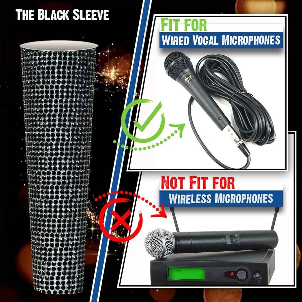 RhymKawa B58 Black Microphone Handle Sleeve for Shure Wired Microphone SM58LC, Beta 58a Cover Replacement, Rhinestones that Shine on Tours and TV Shows
