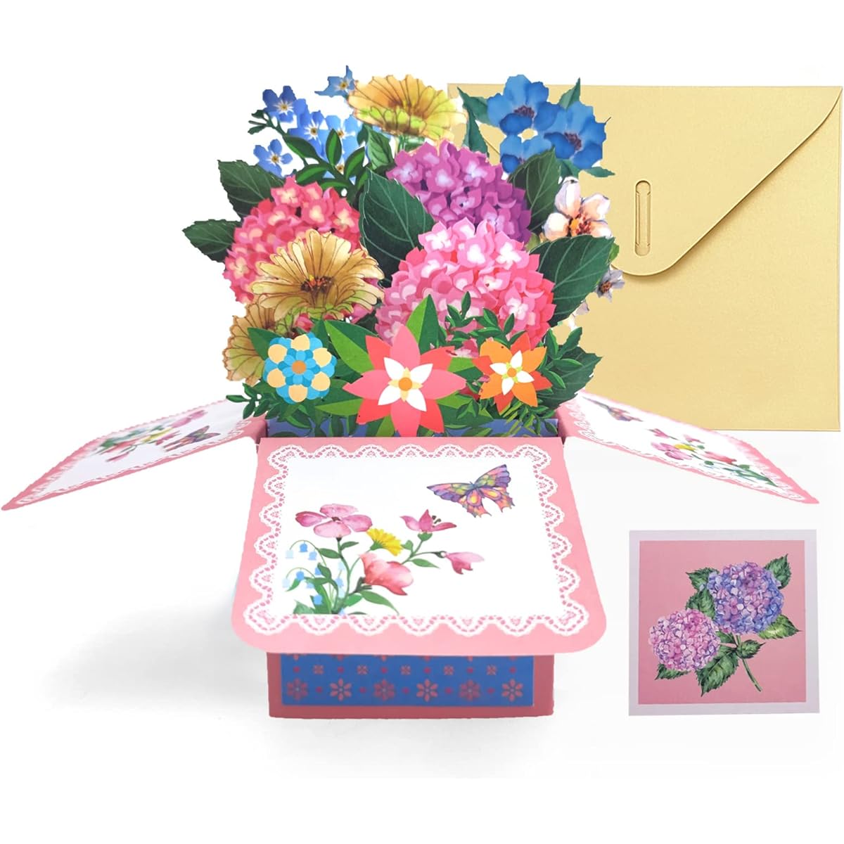 Hydrangea Paper Flower Bouquet Card Box Pop Up Flower Card Mother's Day Card Birthday Card 3D Greeting Card with Note Card and Envelope for Women Wife Mother Birthday Gift Card Thank You Card