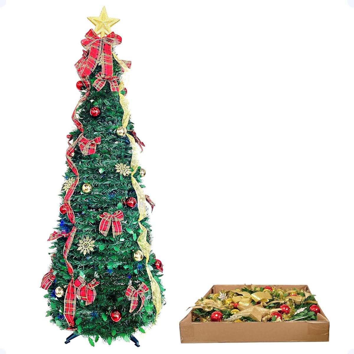 Just put it on and it's done! Christmas tree 180cm Red ribbon ornament Foldable pop-up tree Super fast assembly [One Two Tree] Nordic decoration Easy to assemble Easy to put away One touch