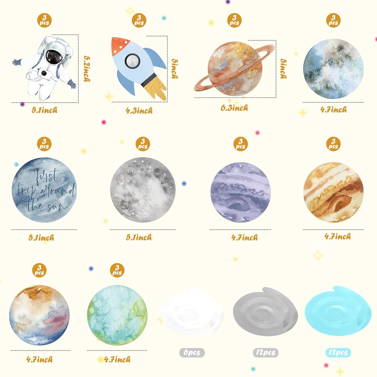 WATINC 30pcs First Journey Around the Sun Space Party Swirl Decor Space Theme Ceiling Wall Hanging Swirl Solar System Planet Party Hang Decoration Kids School Birthday Baby Shower Supplies