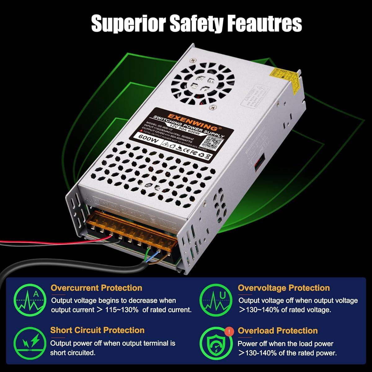 EXENWING 12V 50A 600W Power Adapter Universal Switching Power Supply SMPS AC 110/220V Input DC 12V Output Regulated Votage Transformer Converter LED Strip for 3D Printer CCTV Camera Speaker