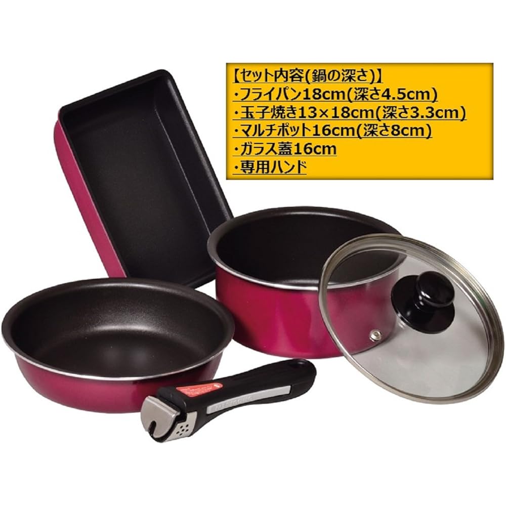 Pearl Metal Frying Pan 5 Piece Set Red IH Compatible Fluorine Processed Cookware Compact Claire HB-1369