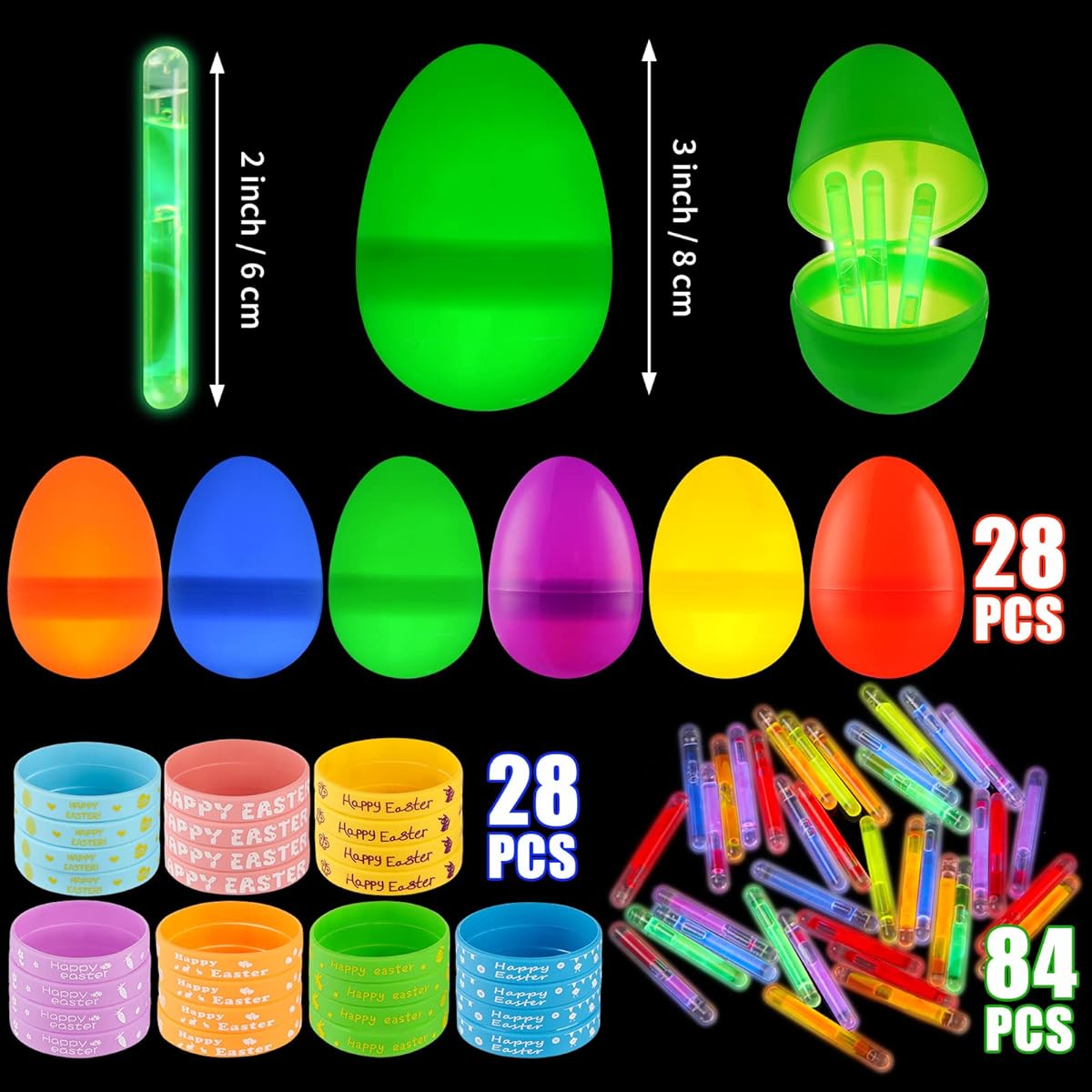 Mikulala Easter Basket Stuffers, 140 Pieces, 84 Mini Glow Sticks, 28 Plastic Easter Eggs, Includes 28 Bulk Bracelets for Kids, Glow in the Dark Easter Egg Hunt Supplies, Easter Gifts for Kids, Party Favors