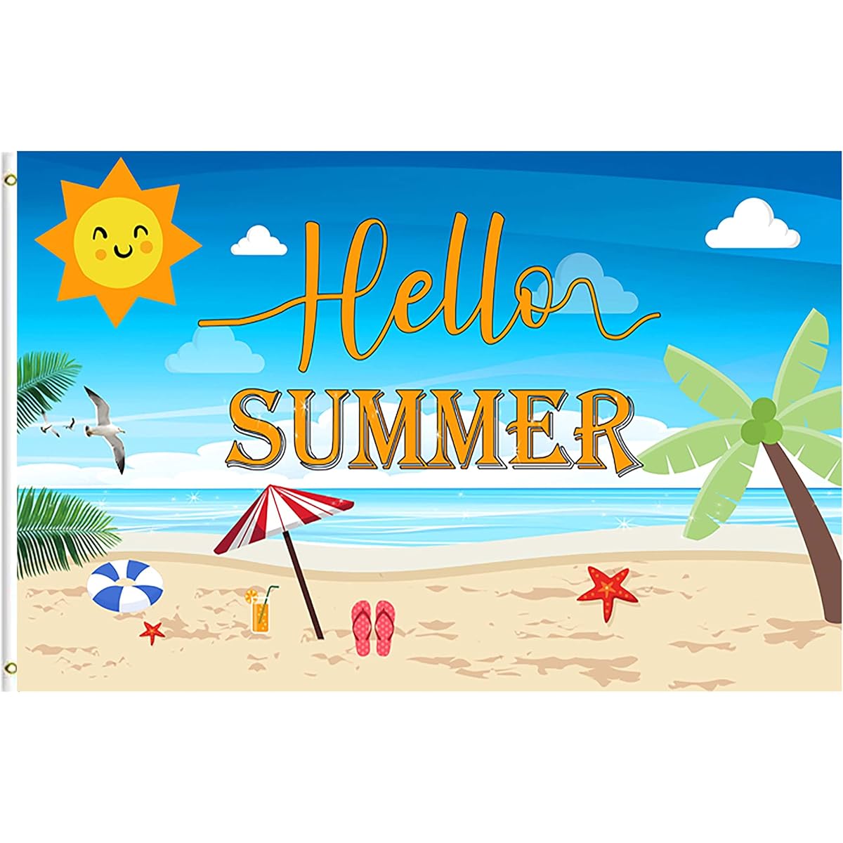 Hello Summer Flag 3x5ft Hello Sunshine Beach Decor Banner Flag Holiday Party Canvas Header Polyester Outdoor Decor with Brass Grommets