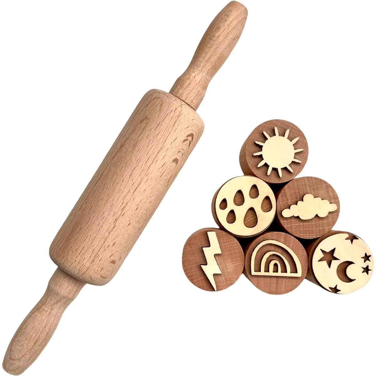 Olivia and Jack Playdough Tool Set Weather Theme - Wooden Playdough Tools - Playdough Rolling Pin and Stamps
