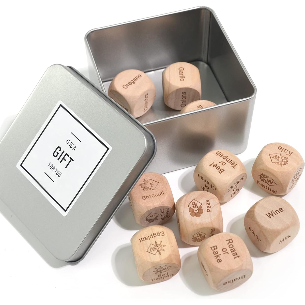 UPTTHOW 10pcs Food Dice Cooking Gadgets Laser Engraved Wooden Dice Seasonal Vegetables Dinner Happy Hour Couples Games Date Night Ideas Christmas Cooking Foodie Gifts 2.5cm