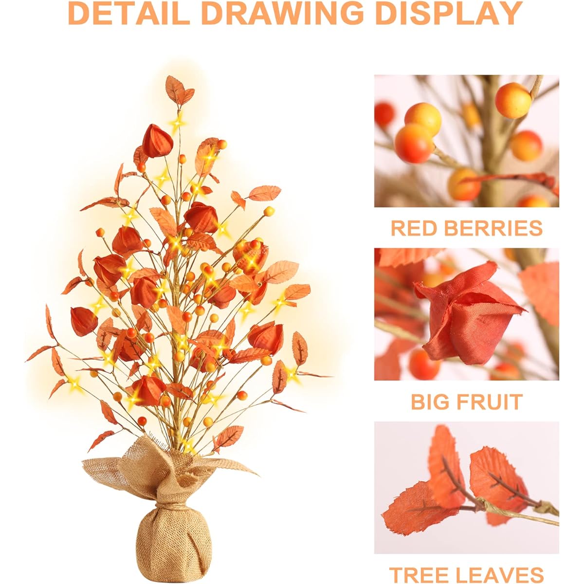 SY Super Bang 60cm/23.62inch Autumn Tabletop Tree Fall Decoration for Home Autumn Artificial Berry Tree Decoration with 20 Lights Fireplace Harvest Thanksgiving Party Holiday Decorations