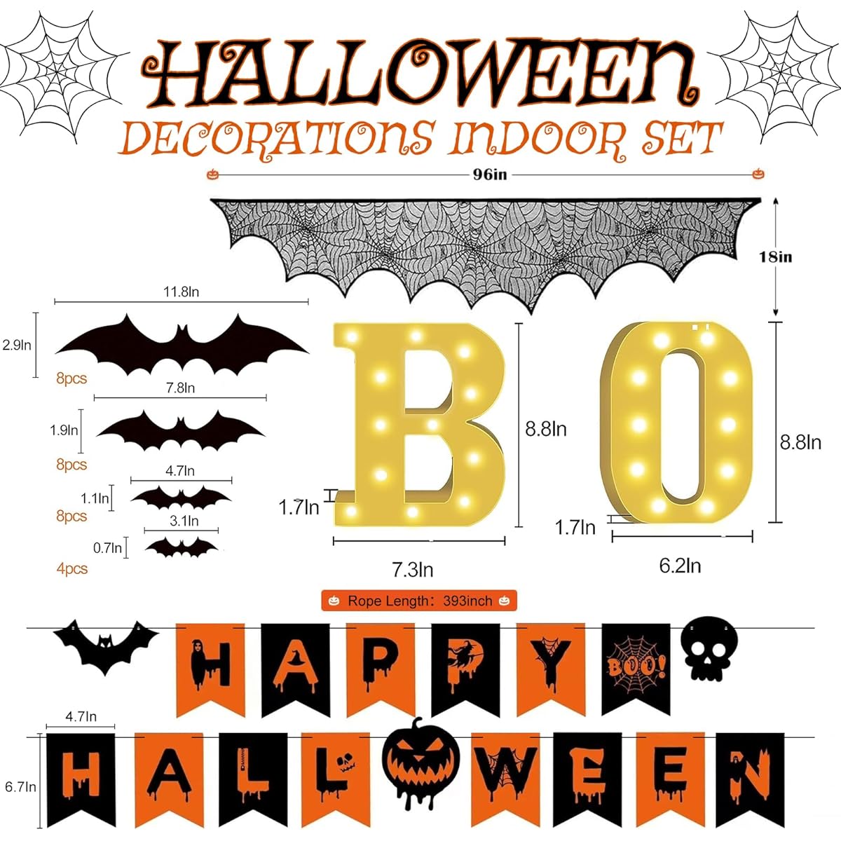 Halloween Decorations Indoor Set - LED Boo Sign + 31pcs Halloween 3D Bat Stickers + Spider Web Fireplace Mantel Scarf + Happy Halloween Banner Party Supplies for Home Decoration