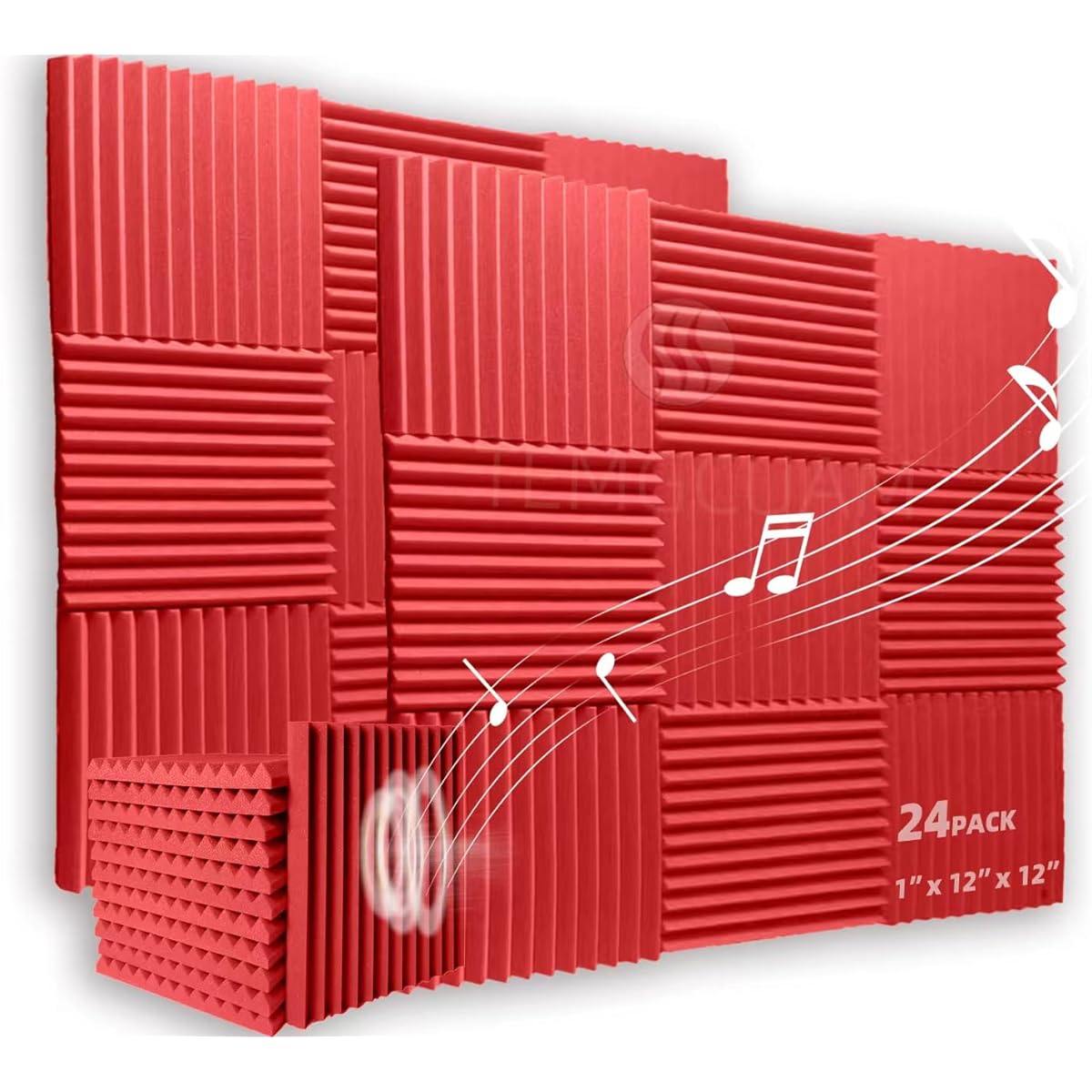 Temgcuam Acoustic Panels 1" x 12" x 12" Acoustic Foam Panels Studio Wedge Tiles Sound Panels Wedge Soundproofing Foam Liners (24 Pieces, Red)