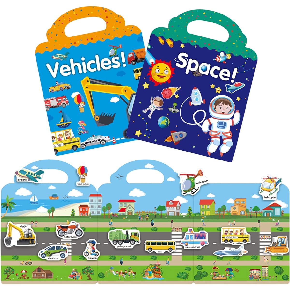 Reusable Sticker Book for Kids Toddler Learning Toys Space & Vehicles Learning Stickers Toys for 2-4 Year Olds Travel Toys for 2 3 4 5 Year Old Girls Boys Gifts