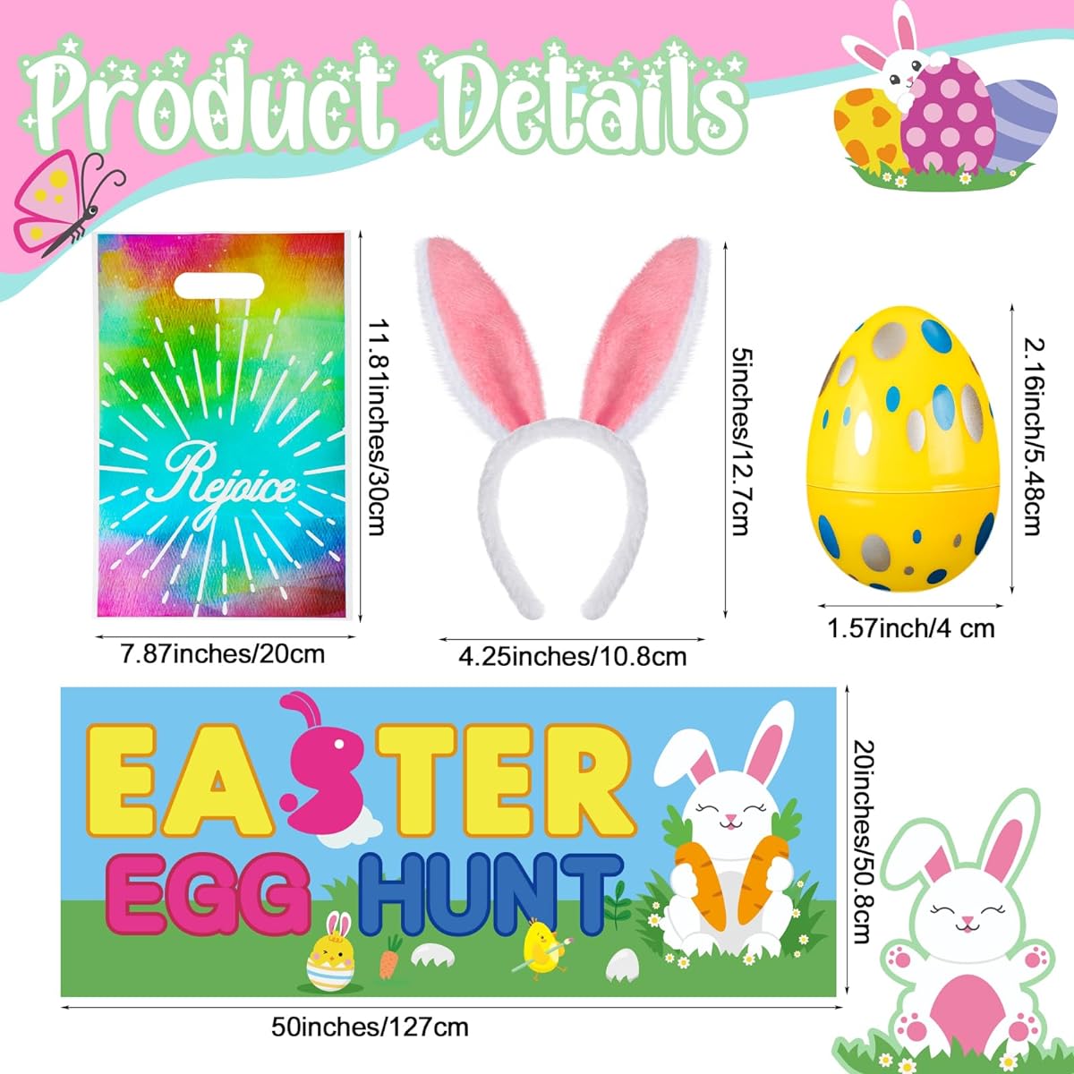 Simgoing 289pcs Religious Easter Egg Hunt Set with Plastic Fillable Eggs and Joy Gift Bags, Easter Bunny Ears, Headband, Egg Hunt Fabric Backdrop Banner with Rope, Easter Party Favors Decorations