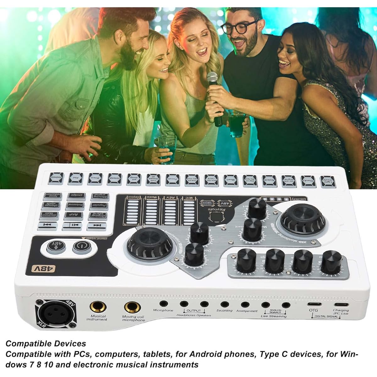 Live Sound Card, Multi-Function Wireless Microphone Sound Card with RGB Light, Noise Reduction Voice Changer Sound Mixer Board for Broadcast Karaoke. (White)