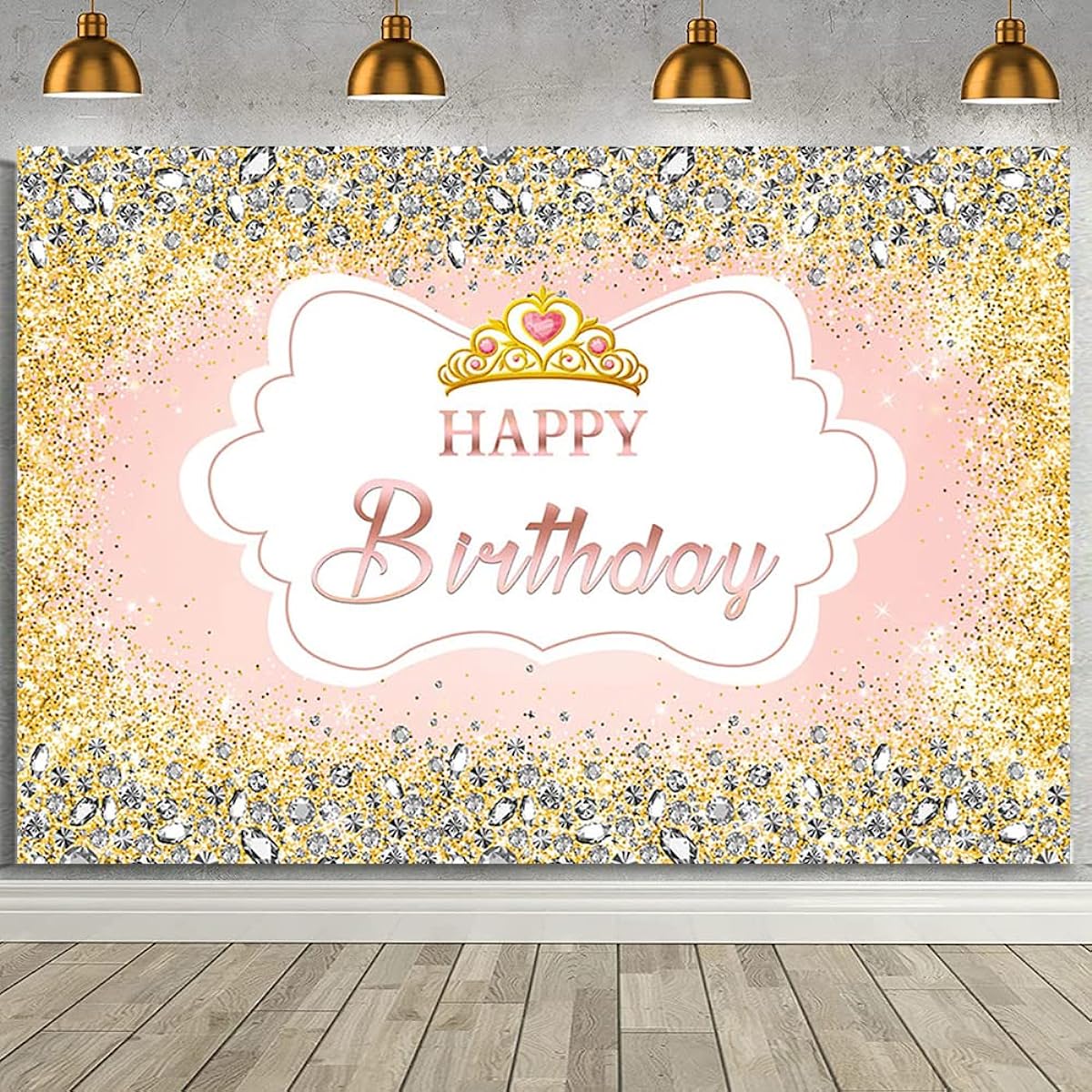 AIBIIN Pink Rose Golden Birthday Party Backdrop Banner for Women, Sparkly Diamond Birthday Background Princess Pink Sweet 16th 18th Birthday Party Decorations Supplies Banner Photo Props Vinyl 8x6ft