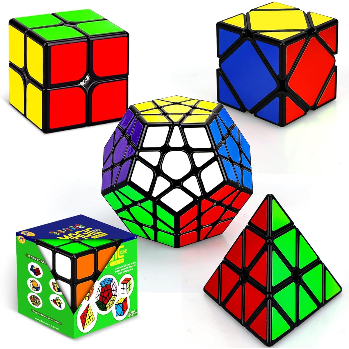 STEAM Life Speed Cube Set 5 Pack Magic Cube Speed Cube 3x3 2x2 Speed Cube Pyramid Cube Megaminx Cube Puzzle Cube Set for Kids & Adults