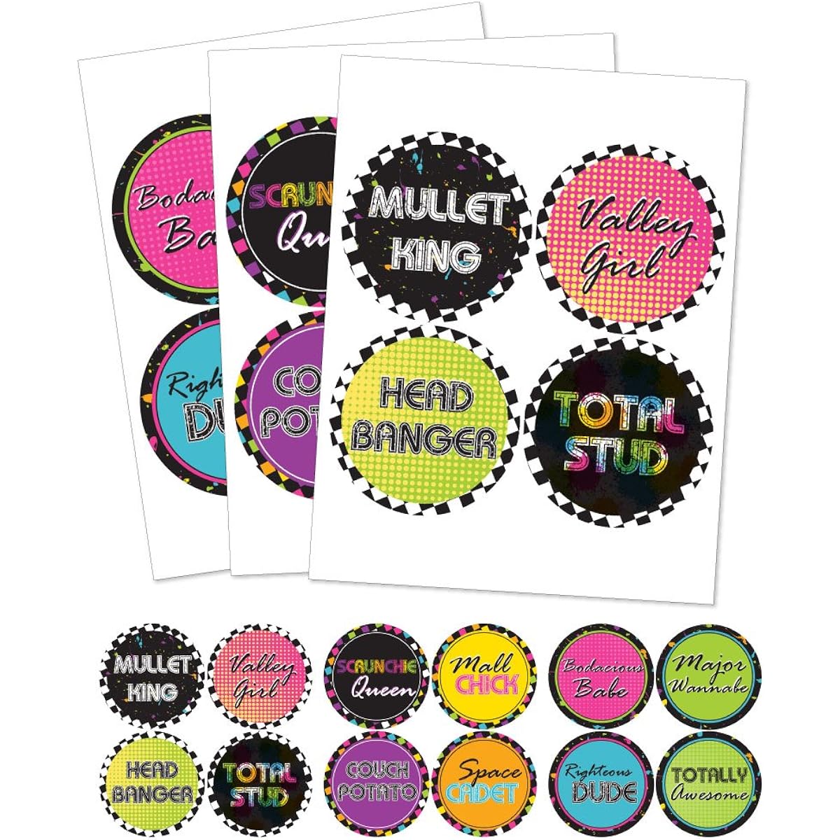80s Retro - Totally 1980s Party Funny Name Tags - Set of 12 Party Badge Stickers
