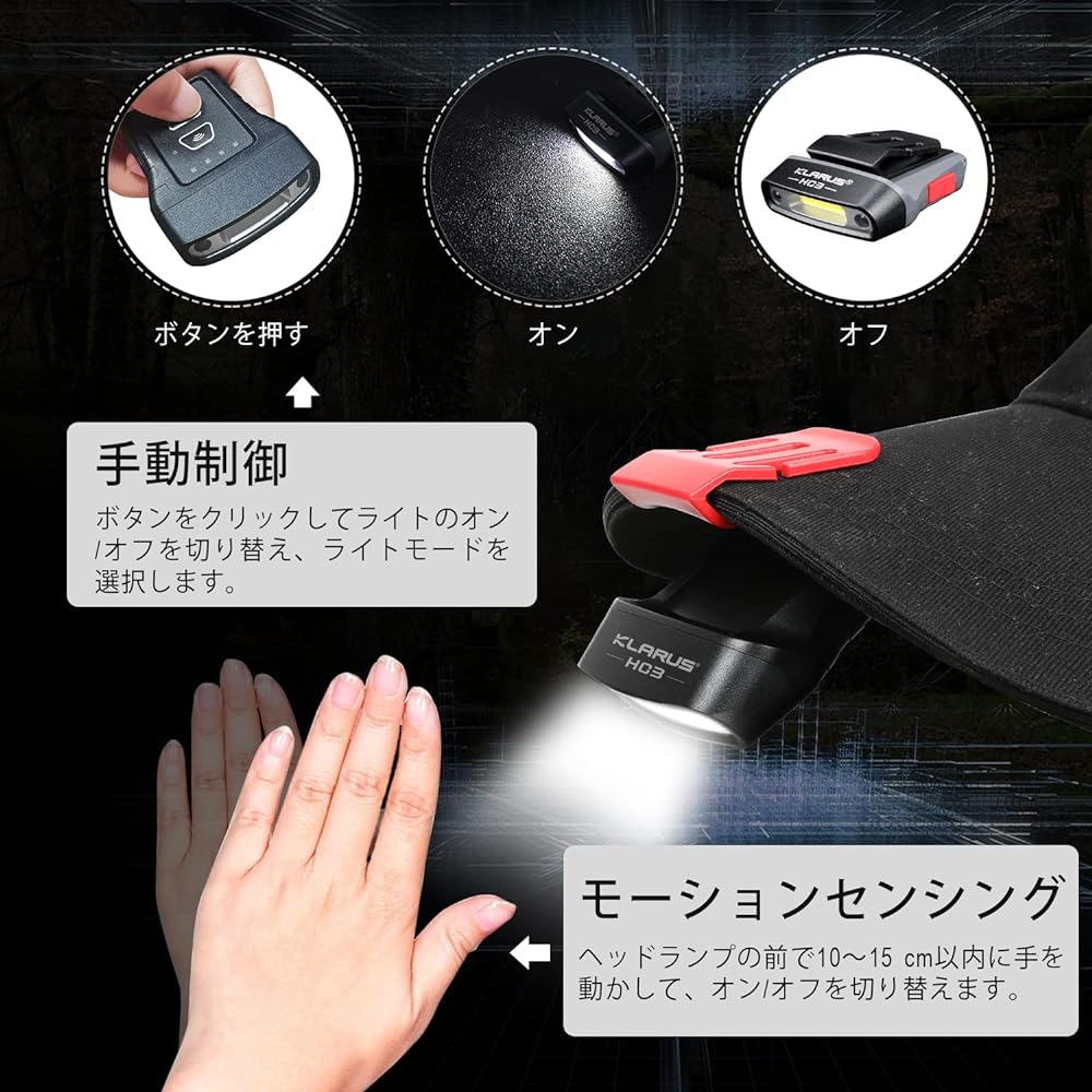 KLARUS Waterproof Feature HC3 LED Clip-on Cap Lightweight Cap Light Headlamp, White and Red Light with Sensor Control, 5 Dimmable Modes, for Hunting, Camping, Fishing