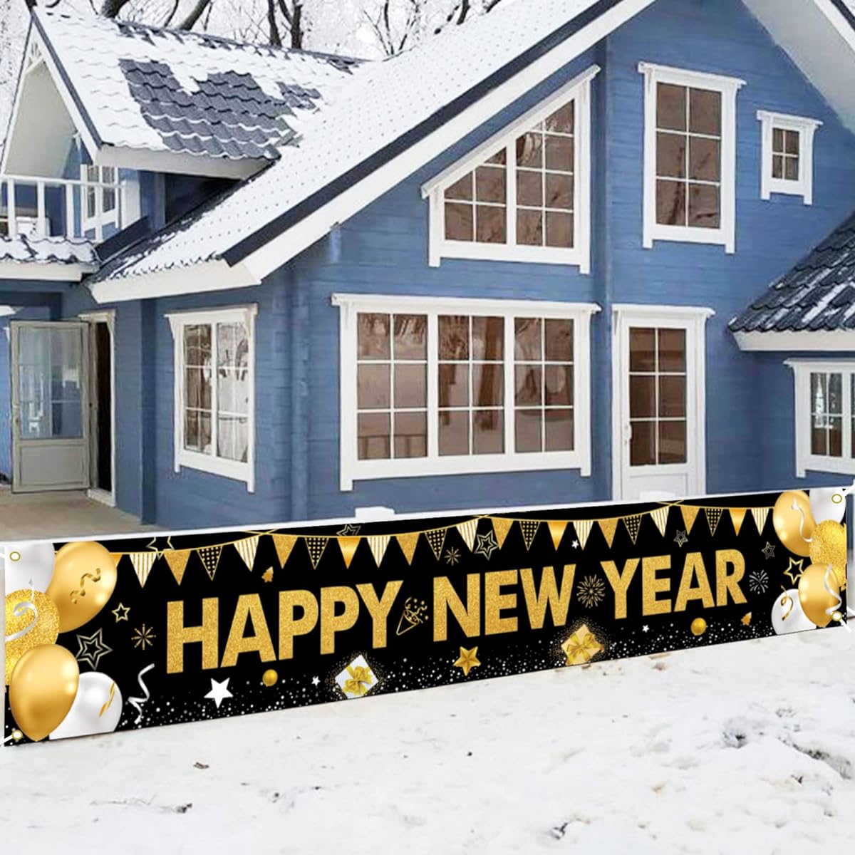 Happy New Year Banner 2024 Decoration Yard Sign Black Gold Background Decoration Large New Year Banner Indoor Outdoor New Year's Eve Holiday Party Outdoor Decor Supplies