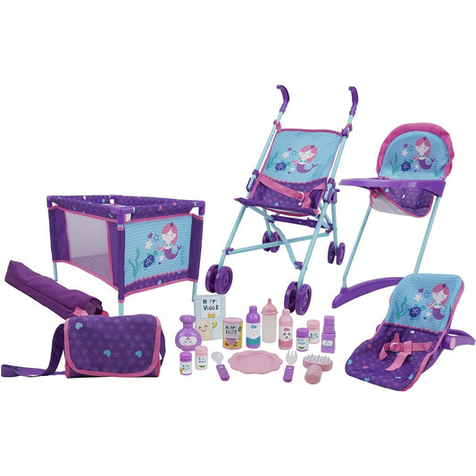 509 Crew Mermaid 21 Piece Doll Walking & Care Set - Stroller, Car Seat, High Chair, Playpen, 15 Piece Accessories, Diaper Bag/Handbag, Kids Pretend Play Ages 3+ (T818028)