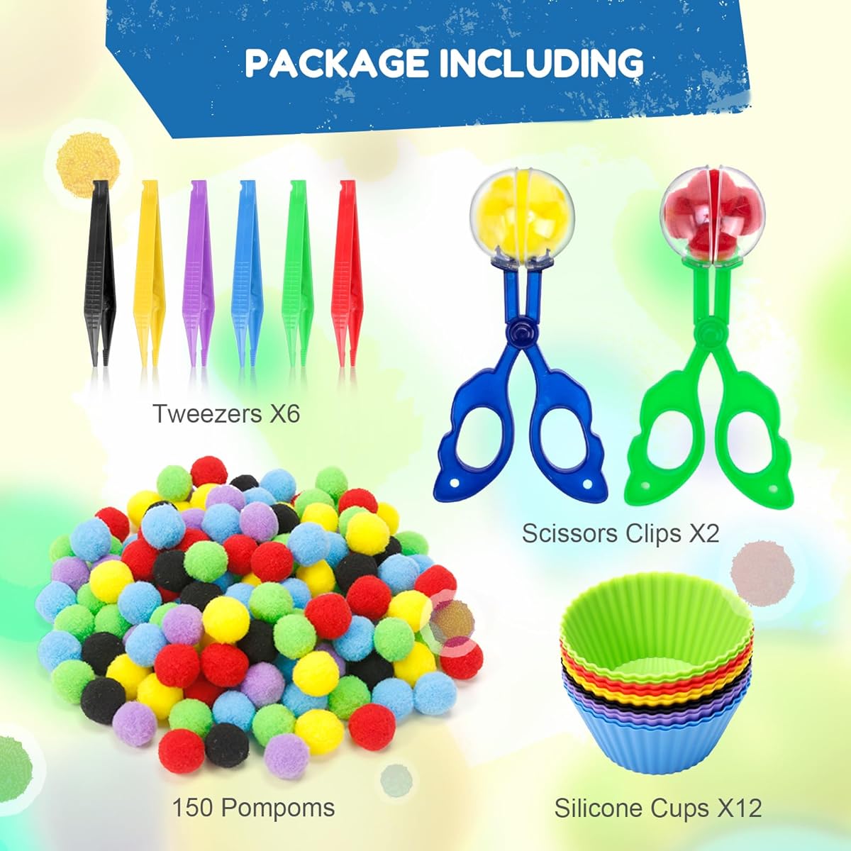 iCraftine 170 Piece Counting Fine Motor Skills Sensory Bin Filler with 12 Sorting Bowls, 150 Pom Poms, 6 Tweezers, 2 Scooper Scissors for Early Education Sorting Counting Training