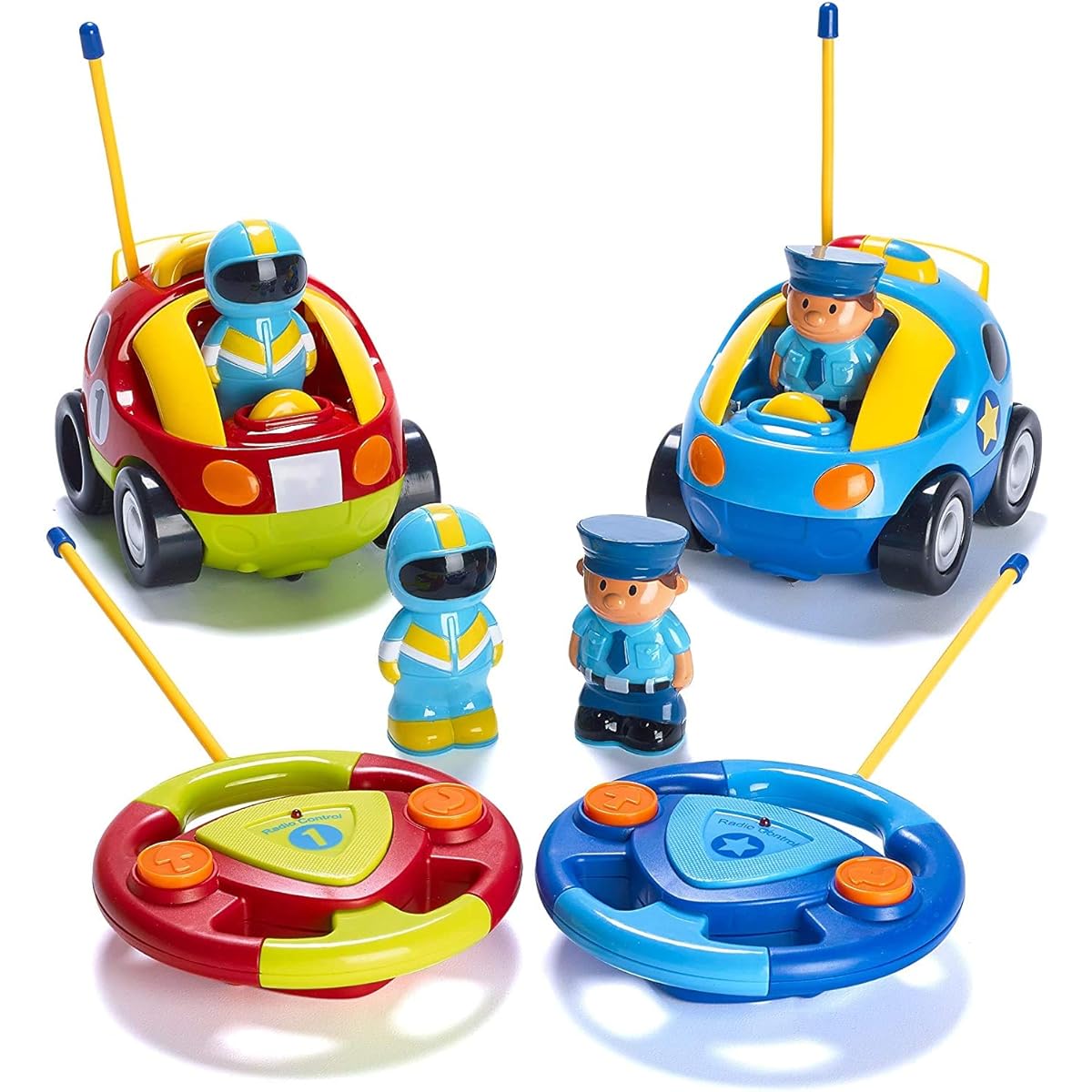 Prextex Pack of 2 Cartoon R/C Police Car and Race Car Radio Control Toys for Kids- Each with Different Frequencies So Both Can Race Together