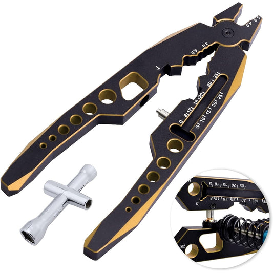 Aluminum Alloy RC Shock Absorber Pliers RC Crawler Shock Multi-Function Pliers RC Rod End Disassembly Tool for Traxxas Arrma Axial Losi Redcat Racing Car Truck (Black & Gold)