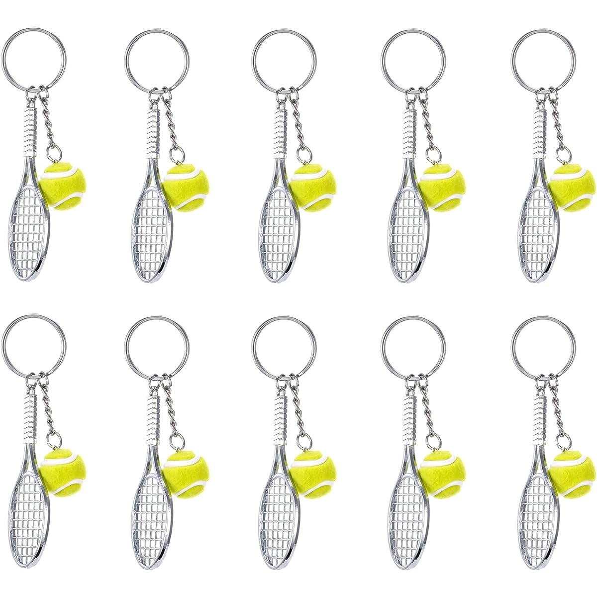 Emiver Mini Metal Tennis Racket Keychain Cute Sports Pendant Key Ring Tennis Ball Key Chain Party Gift 10 Pieces