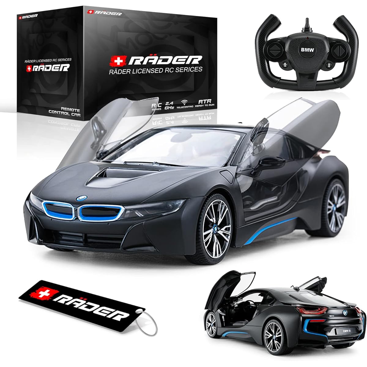 RÄDER RC Series RC Series R/C 1:14 i8 Open Door Manual Remote Control Car Electric Sports Racing Hobby Toys Car Model Car for Boys Girls Teens Adults Gift (Black)