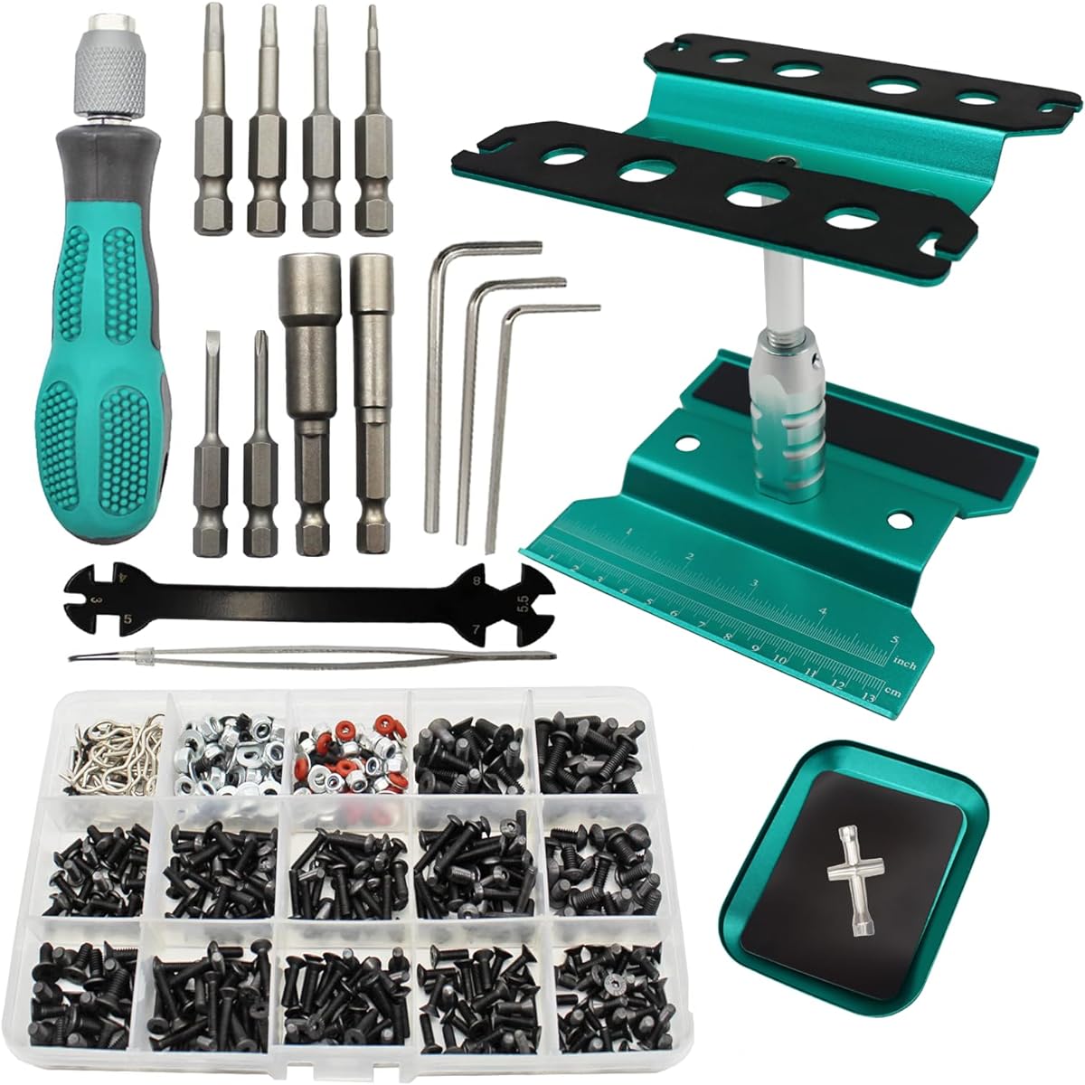 RC Car Repair Work Bench Repair Tool Set 360 Degree Rotation 523Pcs RC Screw Kit & RC Screwdriver and Screw Pallet Kit for 1/8 1/10 1/12 1/16 1/18 Scale Crawler Car Truck Buggy (Green)