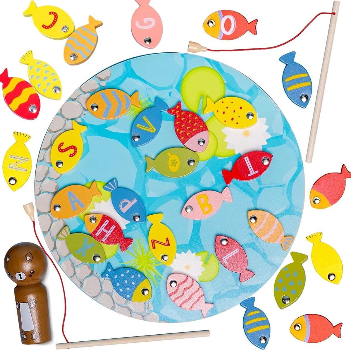 Hapinest Wooden Magnetic Fishing Game for Kids Boys Girls Ages 3 4 5+ ABC Alphabet Letters and Counting Learning Toys for Toddlers Montessori Games Fine Motor Skills