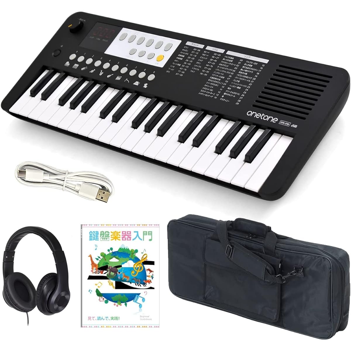 ONETONE One Tone Electronic Keyboard Mini 37 Keys Equipped with LED Display USB-MIDI Compatible Japanese Notation OTK-37M/BK Beginner's Entry Set with Textbook (Includes Headphones/Keyboard Bag/Textbook/USB Cable)