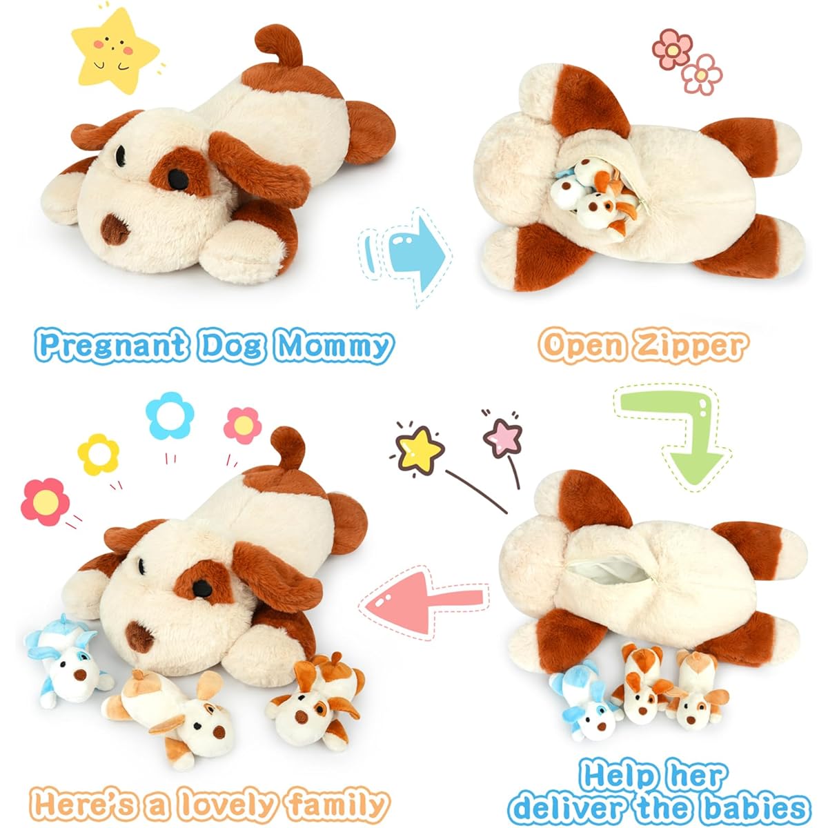 Hagusafuo Dog Stuffed Toy, Dog Stuffed Toy, Soft Mummy Dog, 3 Puppies on Stomach, Cute Dog Stuffed Toy, Children, Boys, Girls (Dog Stuffed Toy Set)